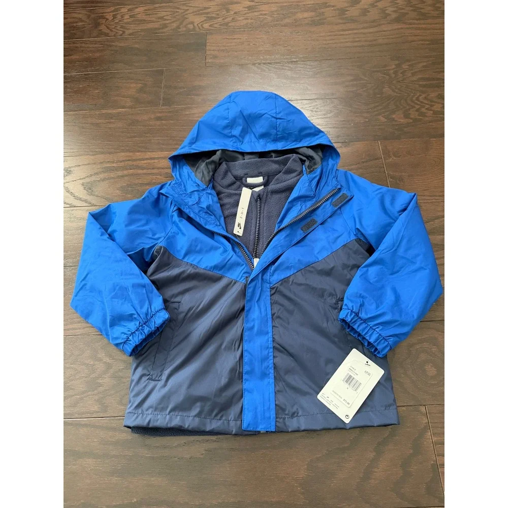 Nike Kids 3-in-1 Jacket Blue Navy Hooded Windbreaker Fleece Liner Size 6 5-6 Yrs